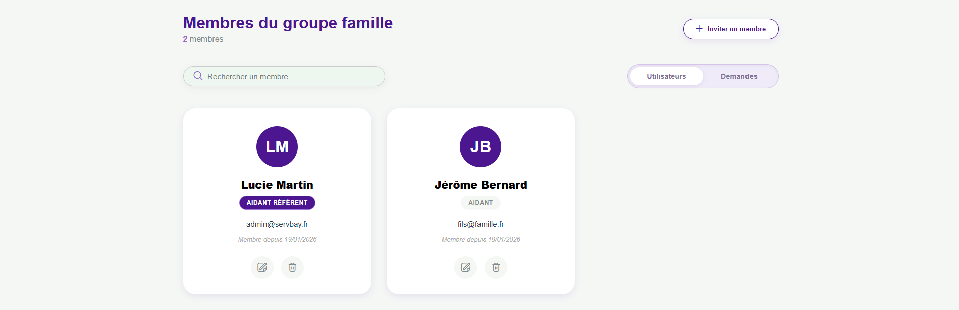 image qui représente l'espace familial avec la gestion des membres